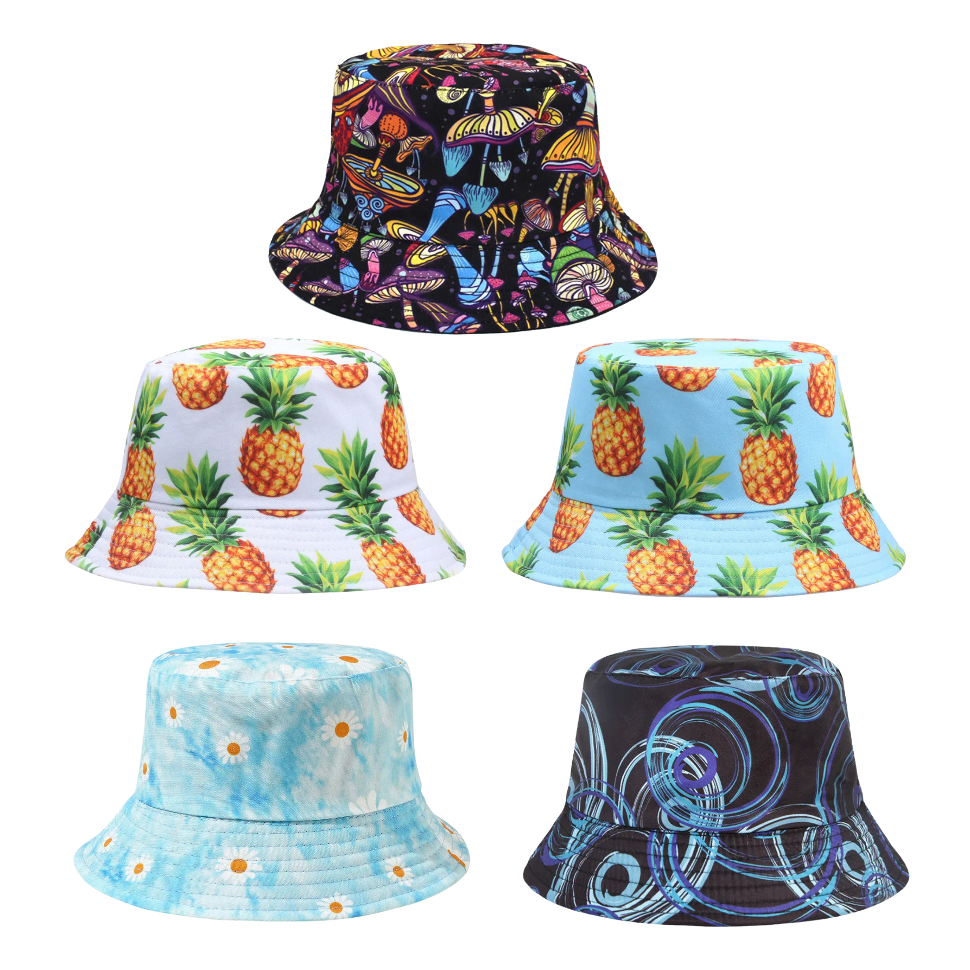A collection of five bucket hats featuring vibrant patterns, including butterflies, pineapples, and abstract designs in blue and black. All Over Sublimation Bucket Hat - Image 1