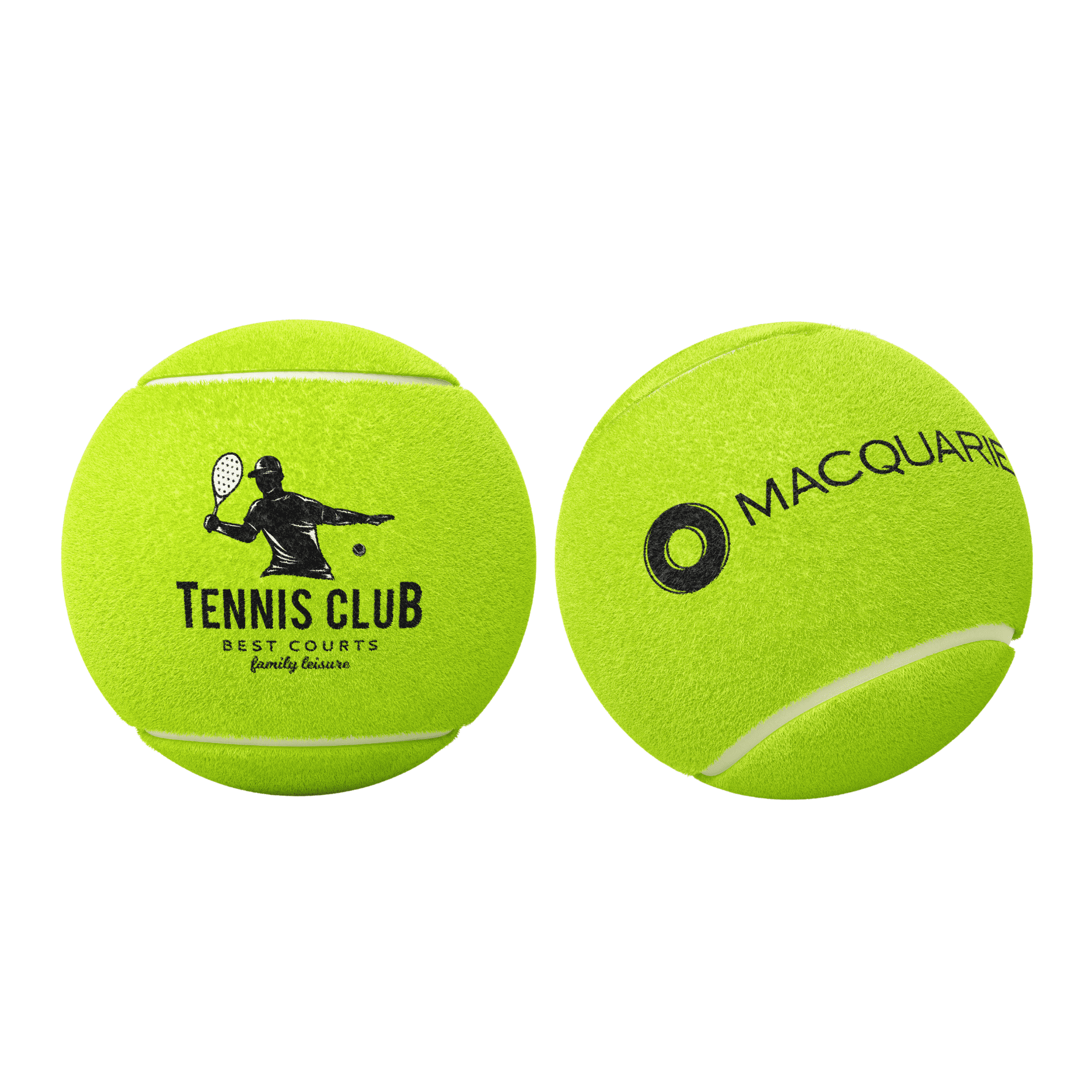 A bright yellow tennis ball featuring a logo and text on one side and a plain design on the other. Tennis Ball - Image 1