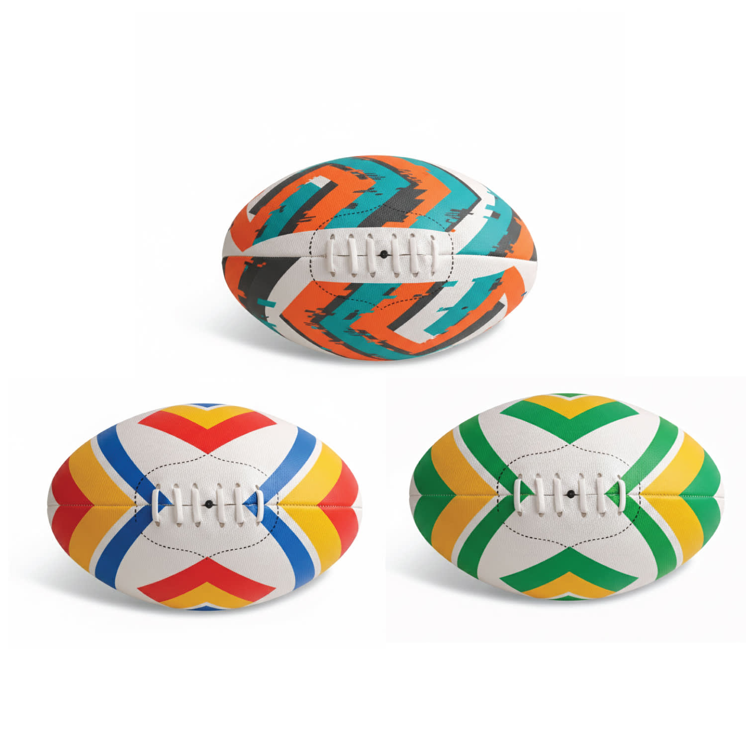 AFL balls in vibrant colours, featuring orange, teal, yellow, red, green, and white designs, with stitching details. AFL Ball - Image 1