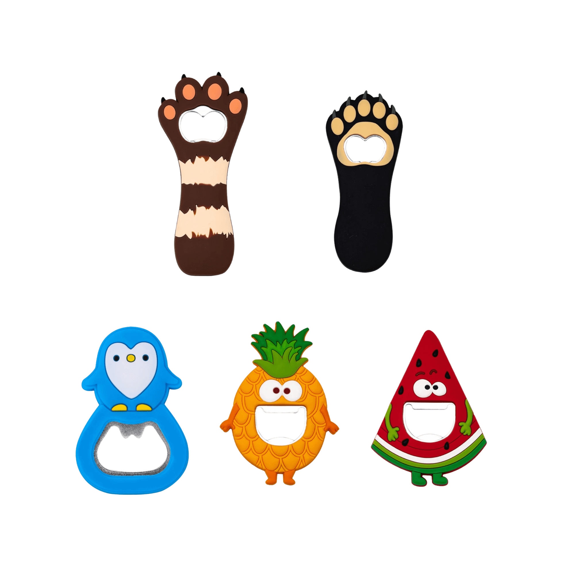 A collection of custom shaped PVC bottle openers in various colours: raccoon, paw, penguin, pineapple, and watermelon. Custom Shaped PVC Bottle Opener - Image 1