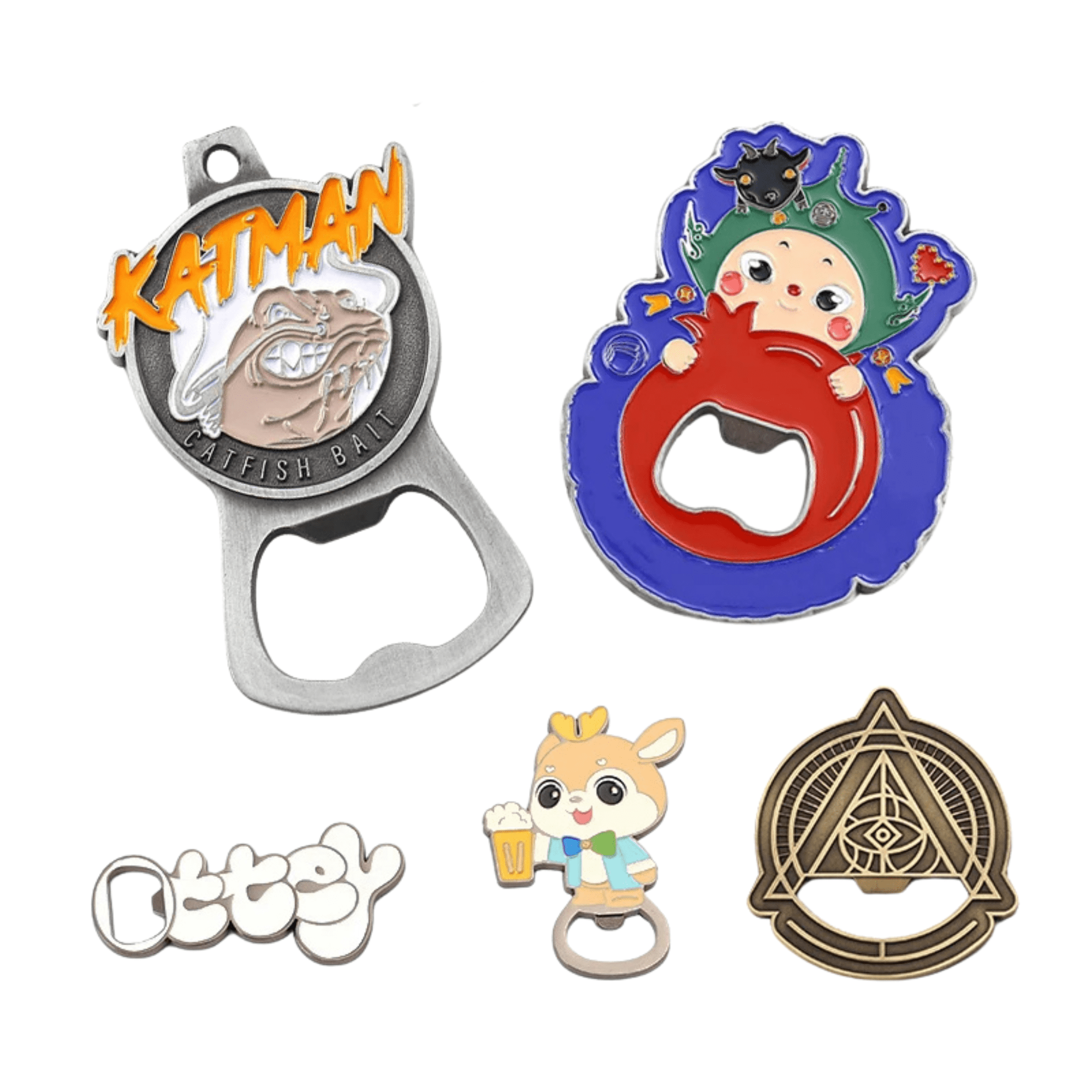 A drink bottle opener set featuring various custom designs, including metallic and enamel finishes in multiple colours. Custom Shaped Metal Bottle Opener - Image 1
