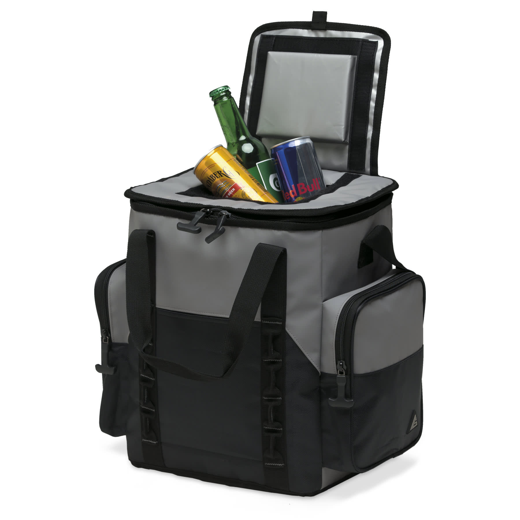 A grey and black cooler bag with drinks, including beer and a energy drink, inside the open top. DryVault Cooler Bag - Image 1
