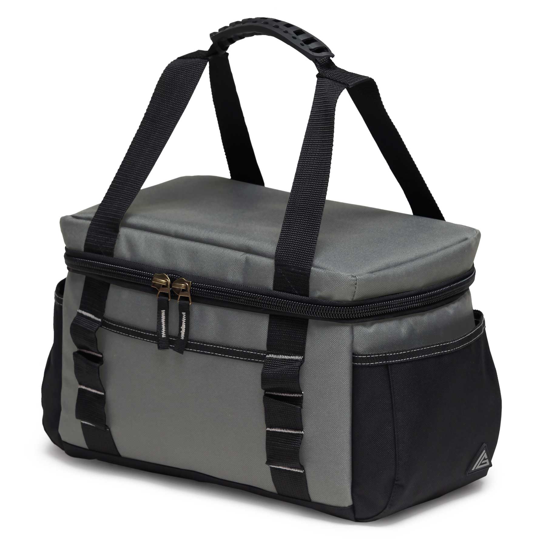 A grey and black cooler bag with a zippered top and sturdy handles, featuring a logo on the front. HardHat Cooler Bag - Image 1