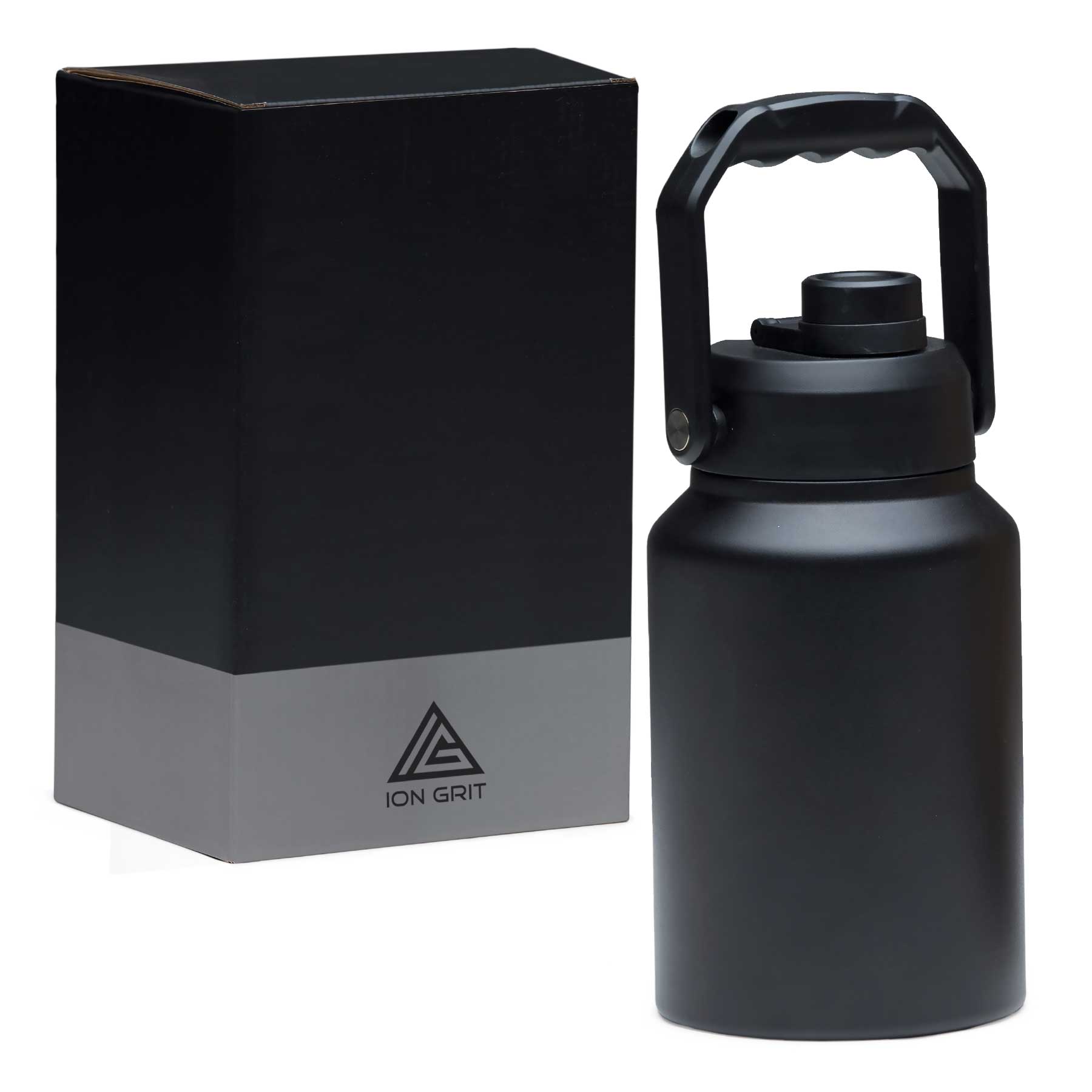 A drink bottle with a black matte finish and a sturdy handle, accompanied by a matching box. HydraSite 1.9L Mega Bottle - Image 1
