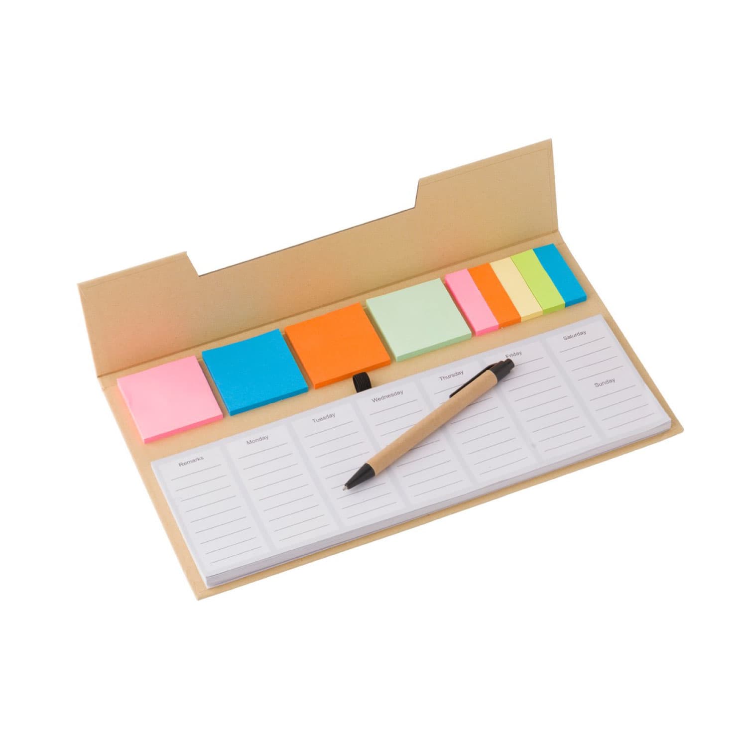 A Malta memo holder in beige with sticky notes in various colours and a pen on a weekly planner pad. Malta Memo Holder with Sticky Notes & Weekly Planner - Image 1