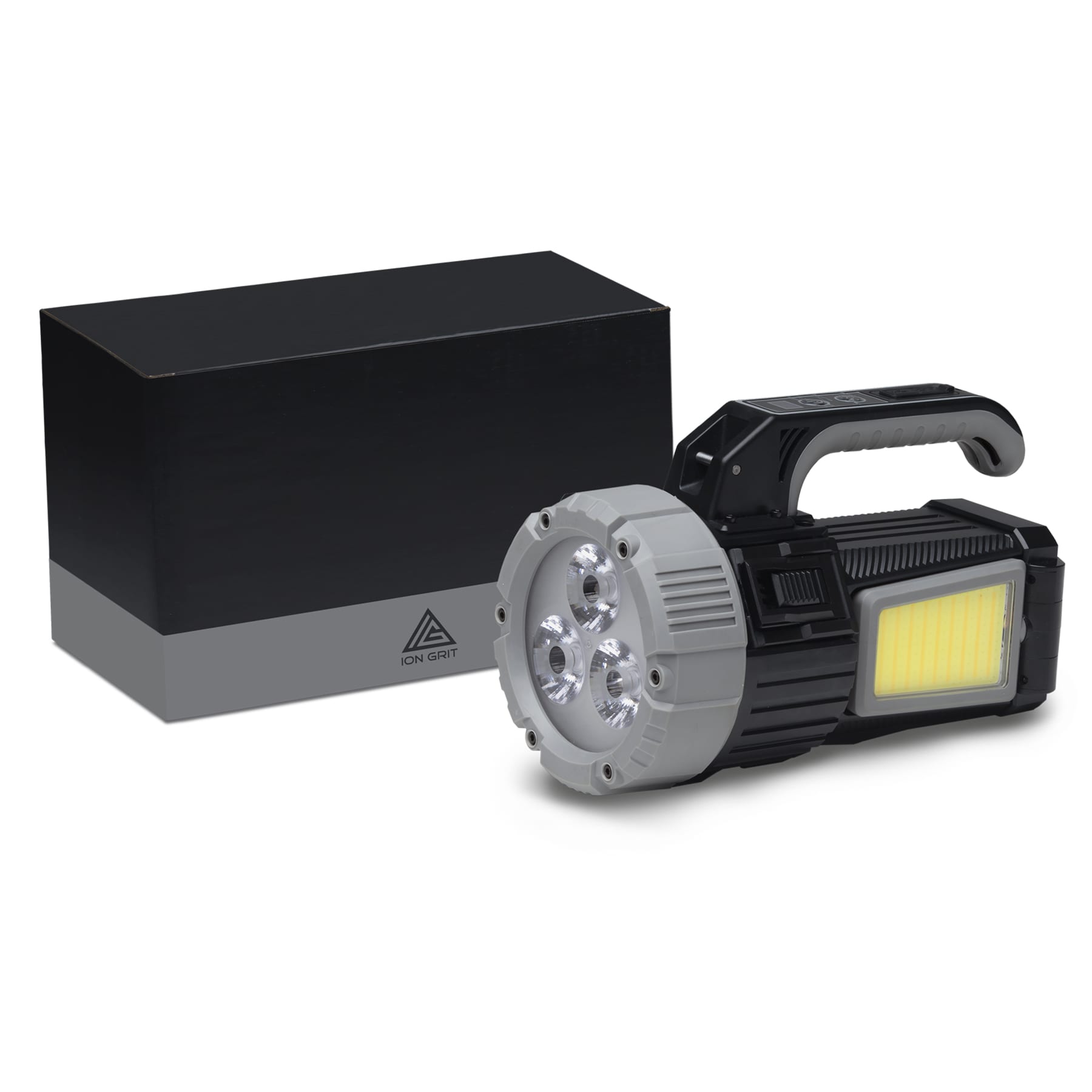 A black and silver OptiBeam Torch positioned next to a black box, featuring a handle and multiple light sources. OptiBeam Torch - Image 1
