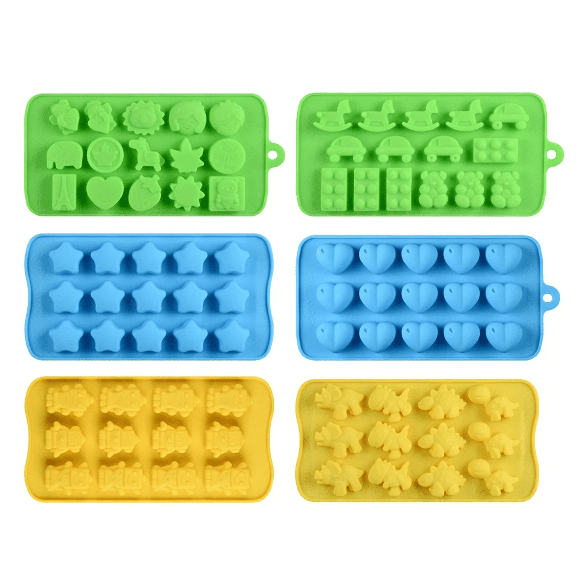 Silicone ice trays in green, blue, and yellow featuring various fun shapes like stars, cars, and hearts. Sillicone Ice Tray with Custom Moulds - Image 1