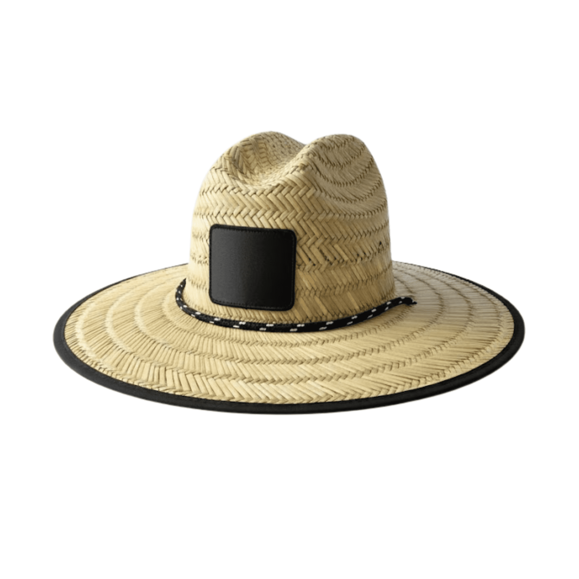 A straw hat in natural tones with a wide brim and a black band, featuring a blank logo area. Dimsa Straw Hat - Image 1