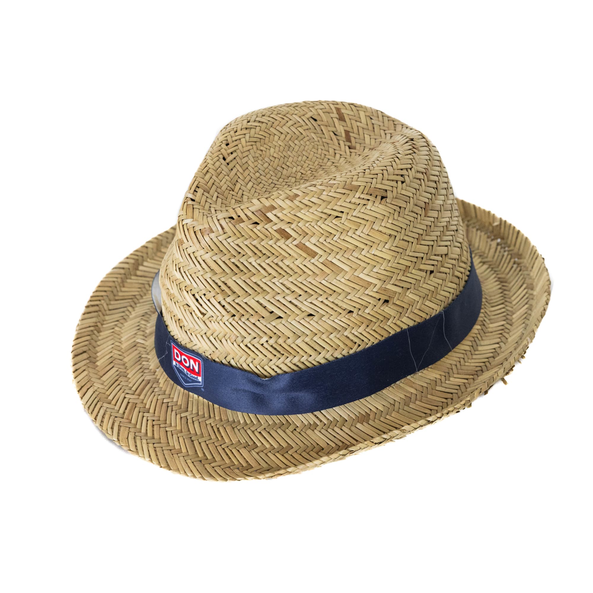 A straw hat featuring a wide brim and a navy blue band, with a logo on the side. Suncrest Straw Hat - Image 1