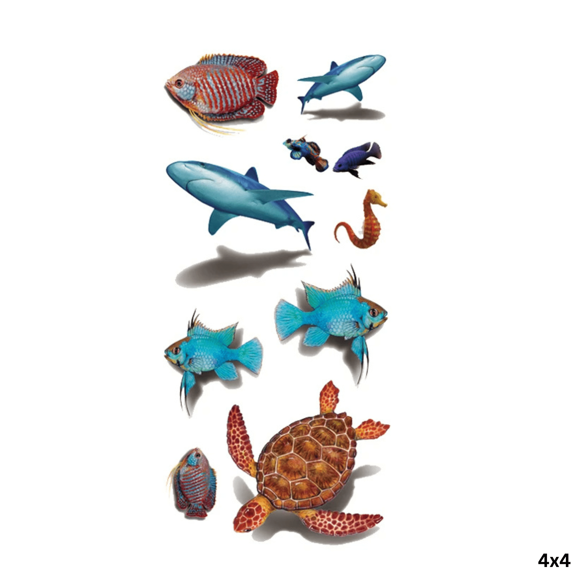 A variety of colourful waterproof temporary tattoos featuring fish, a turtle, a seahorse, and sharks. Includes a logo. Waterproof Temporary Tattoo 4cm x 4cm - Image 1