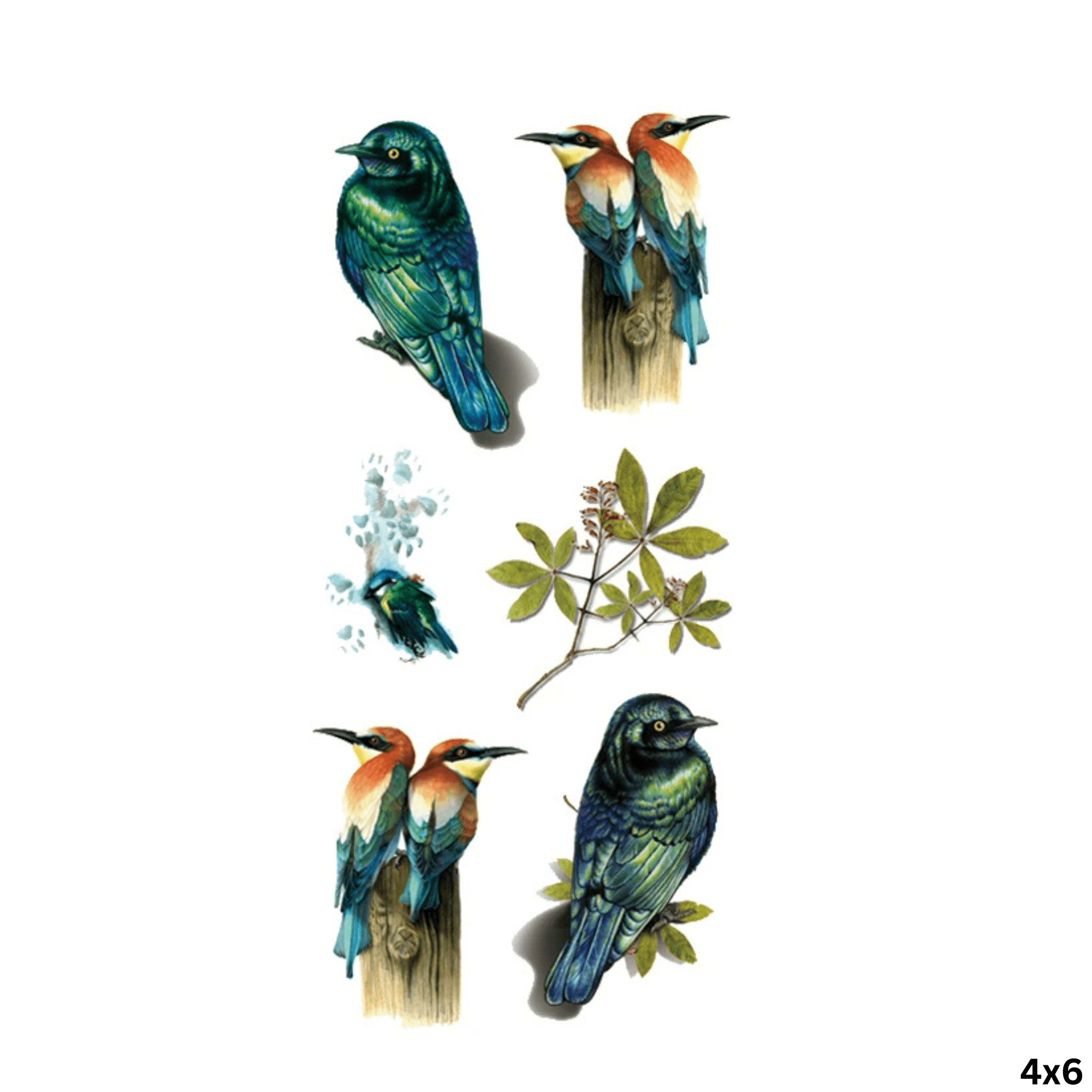 A waterproof temporary tattoo featuring green and blue birds, alongside leaves and a splash of water, sized 4cm x 6cm. Waterproof Temporary Tattoo 4cm x 6cm - Image 1