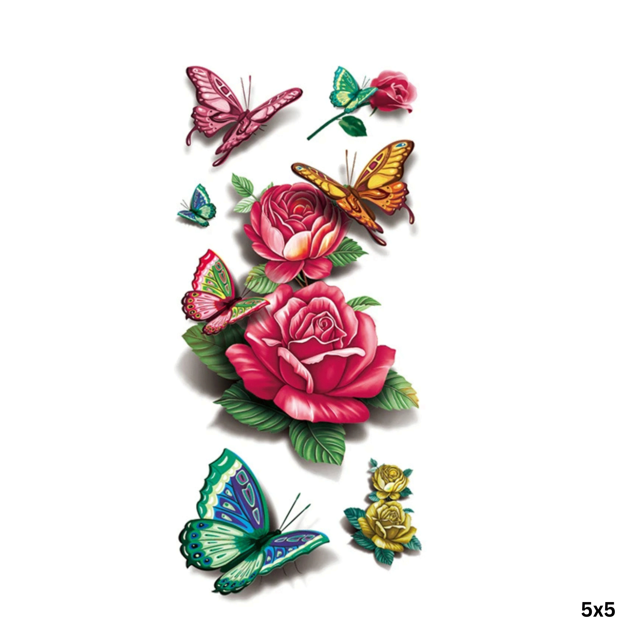 A collection of colourful, floral and butterfly designs, featuring pink roses and turquoise butterflies, with a brand logo. Waterproof Temporary Tattoo 5cm x 5cm - Image 1