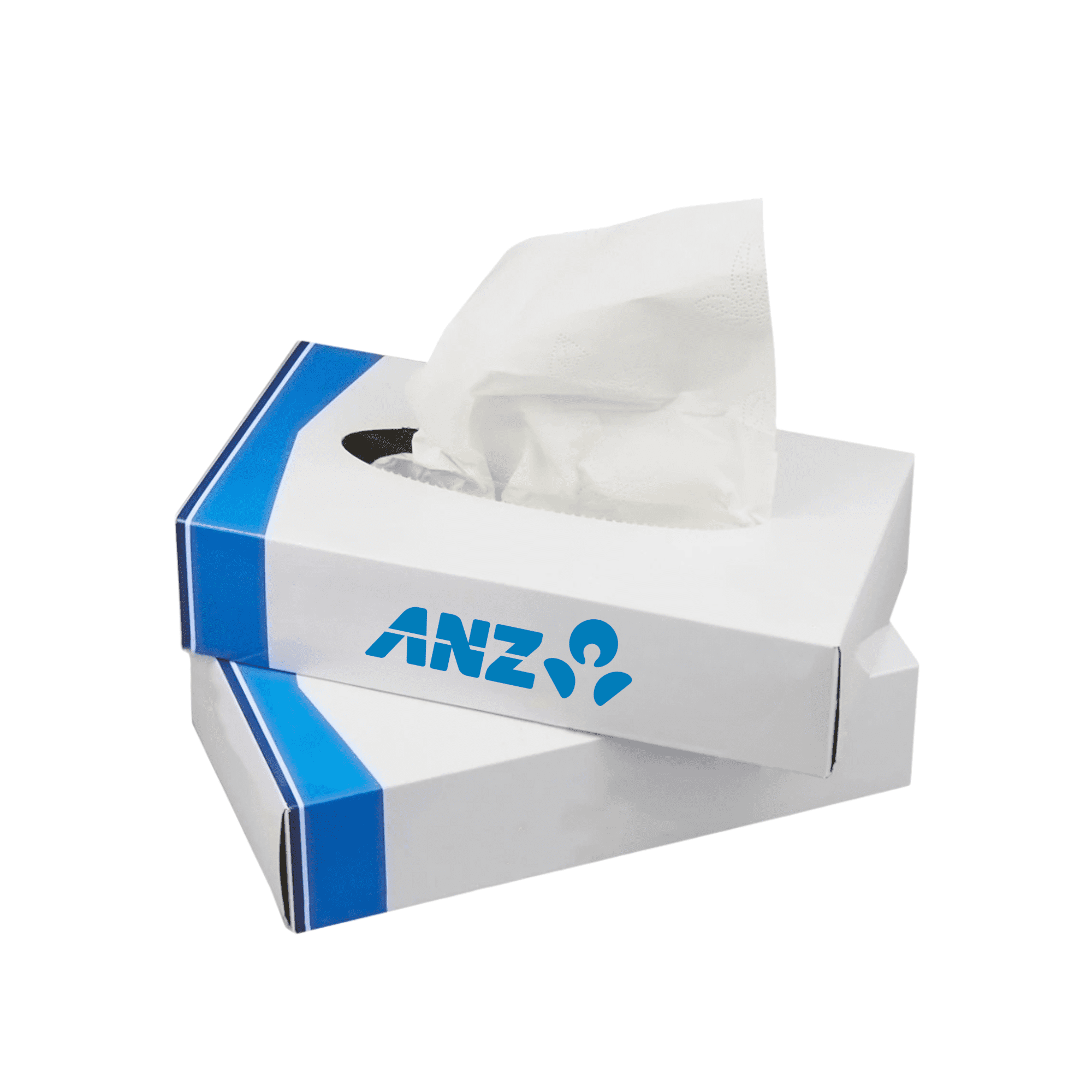 A rectangular tissue box in white and blue, with tissues partially pulled out, featuring a logo on the side. Rectangular Tissue Box - Image 1