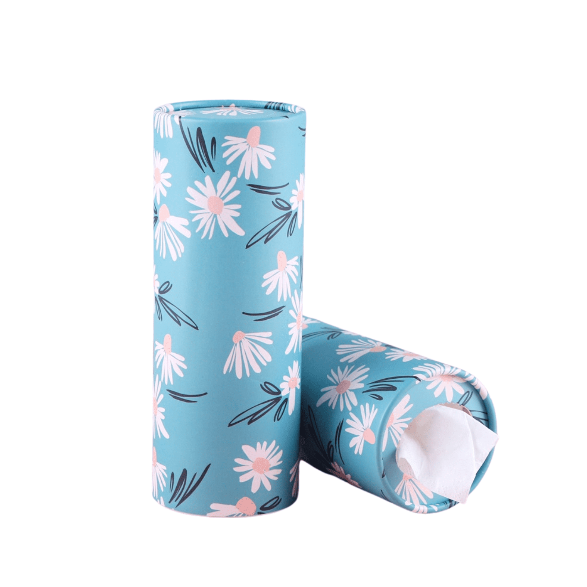 A turquoise car cup tissue holder with a floral design featuring pink daisies. It has a round shape and a logo. Car Cup Tissue - Image 1