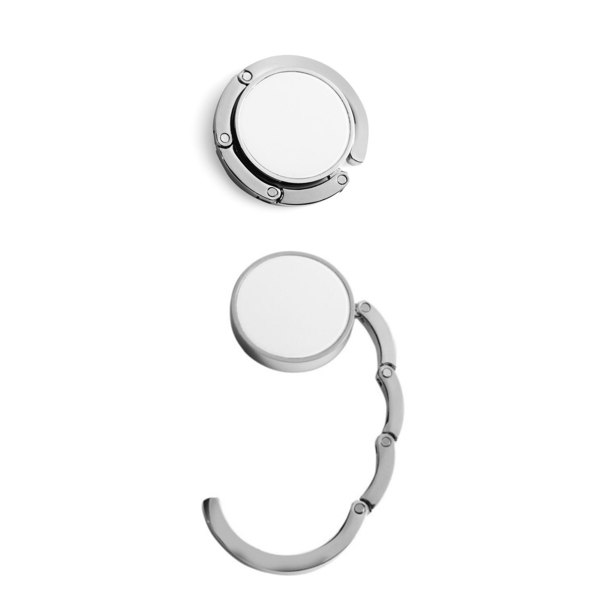 A silver bag hanger with a circular design, featuring a logo and a hinge for easy attachment. Amplify Bag Hanger - Image 1
