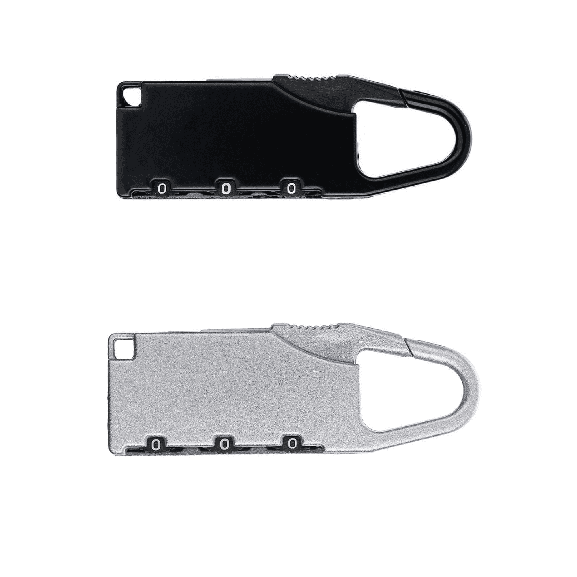 A black and silver travel padlock with a carabiner-style clip, featuring multiple locking mechanisms. Dune Travel Padlock - Image 1
