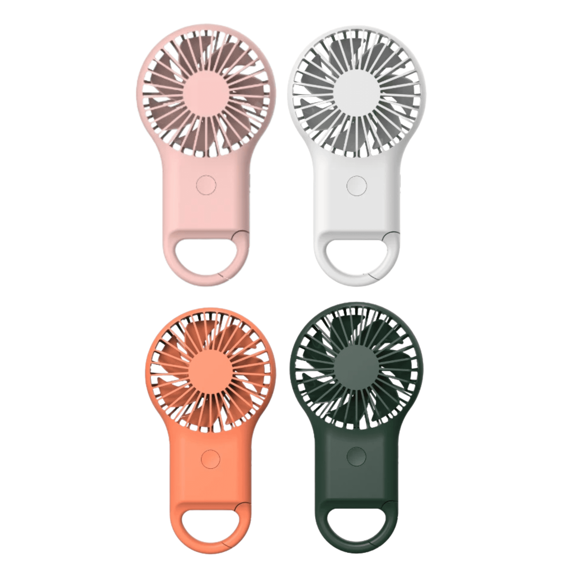 A set of four portable fans in pink, white, orange, and dark green, featuring a handle and a simple design. Rise Pocket Fan - Image 1