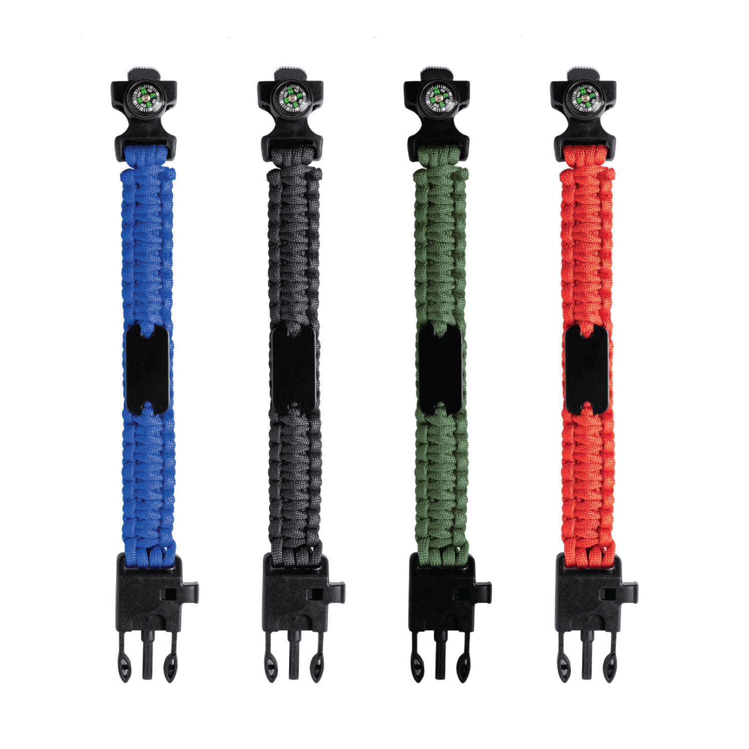 A selection of Surge Survival Bracelets in blue, black, green, and red, featuring a compass and clip closure. Surge Survival Bracelet - Image 1