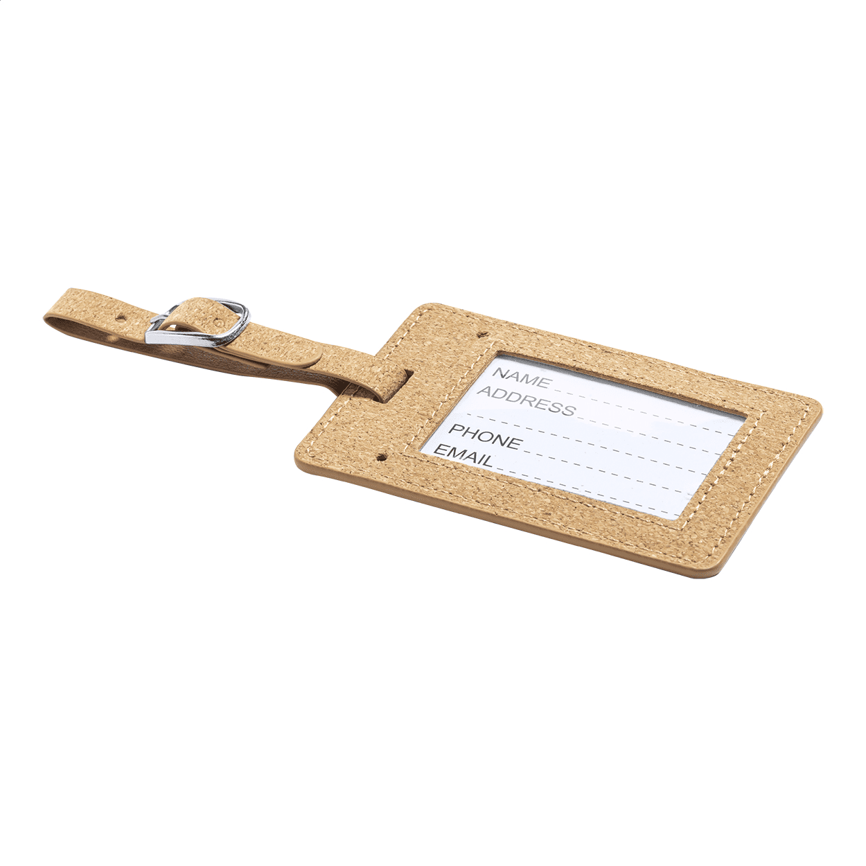 A cork luggage tag in a natural tan colour with a transparent window. It includes a strap and has a logo. Cork Lauggage Tag - Image 1