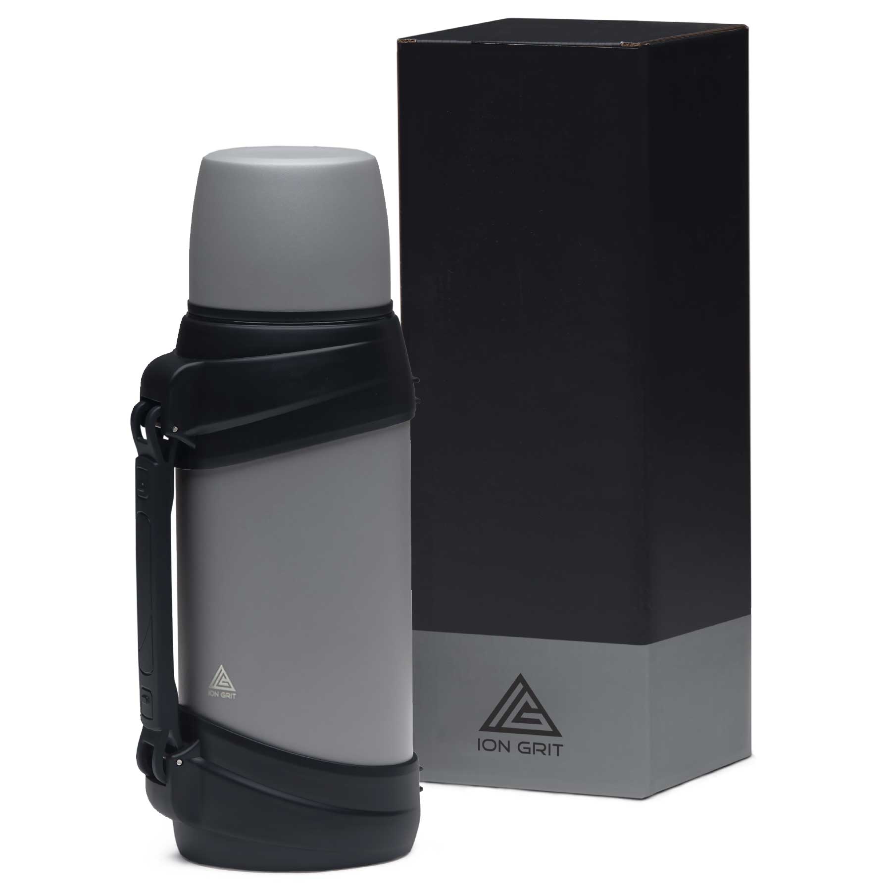 A drink bottle with a grey body and a black lid, packaged in a black box, featuring a logo. ToughTank 2.0L Flask - Image 1