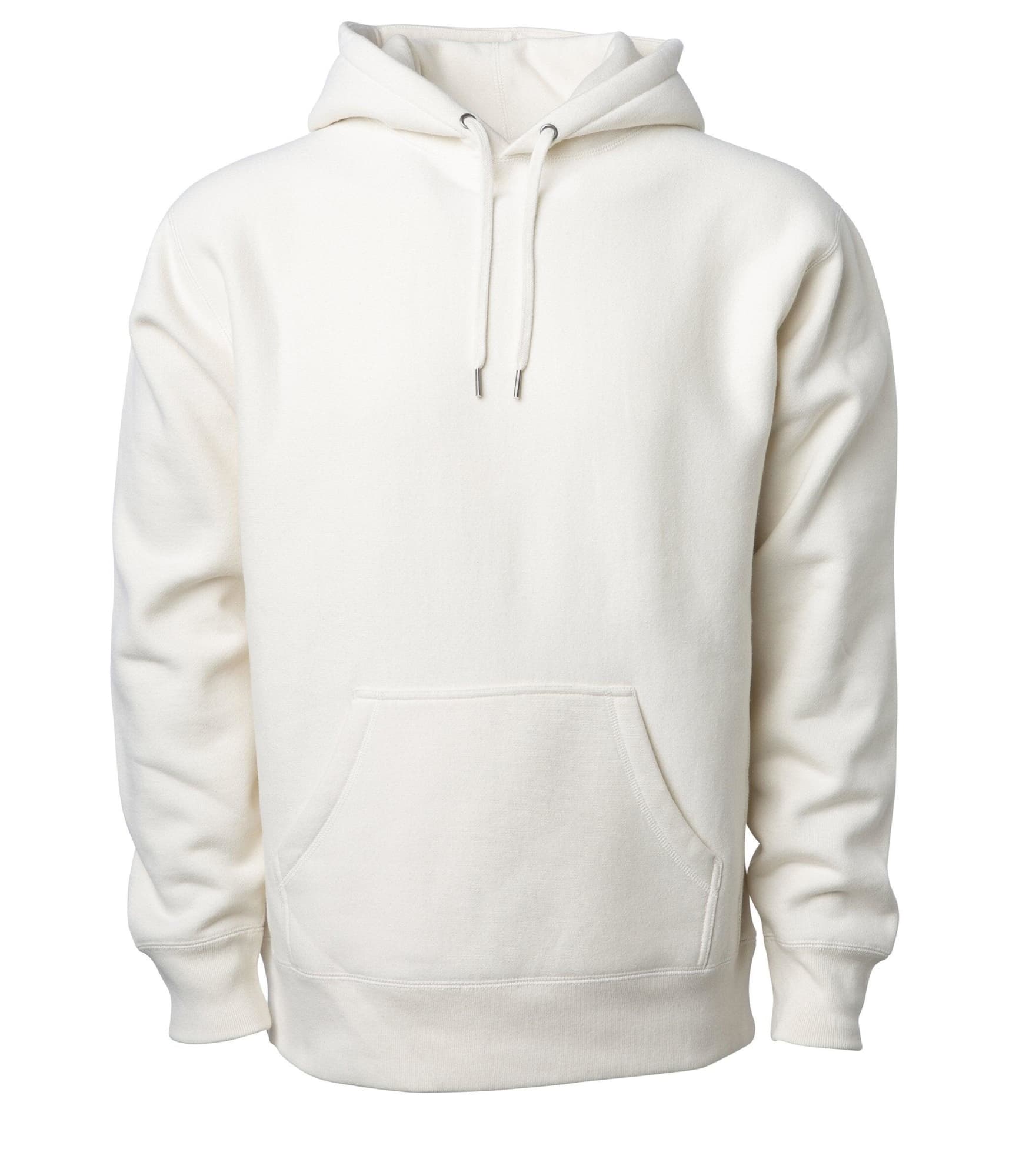 A heavyweight hoodie in cream colour featuring a front pocket and a drawstring hood. It includes a logo on the design. The Legend Heavyweight Hood - Image 1