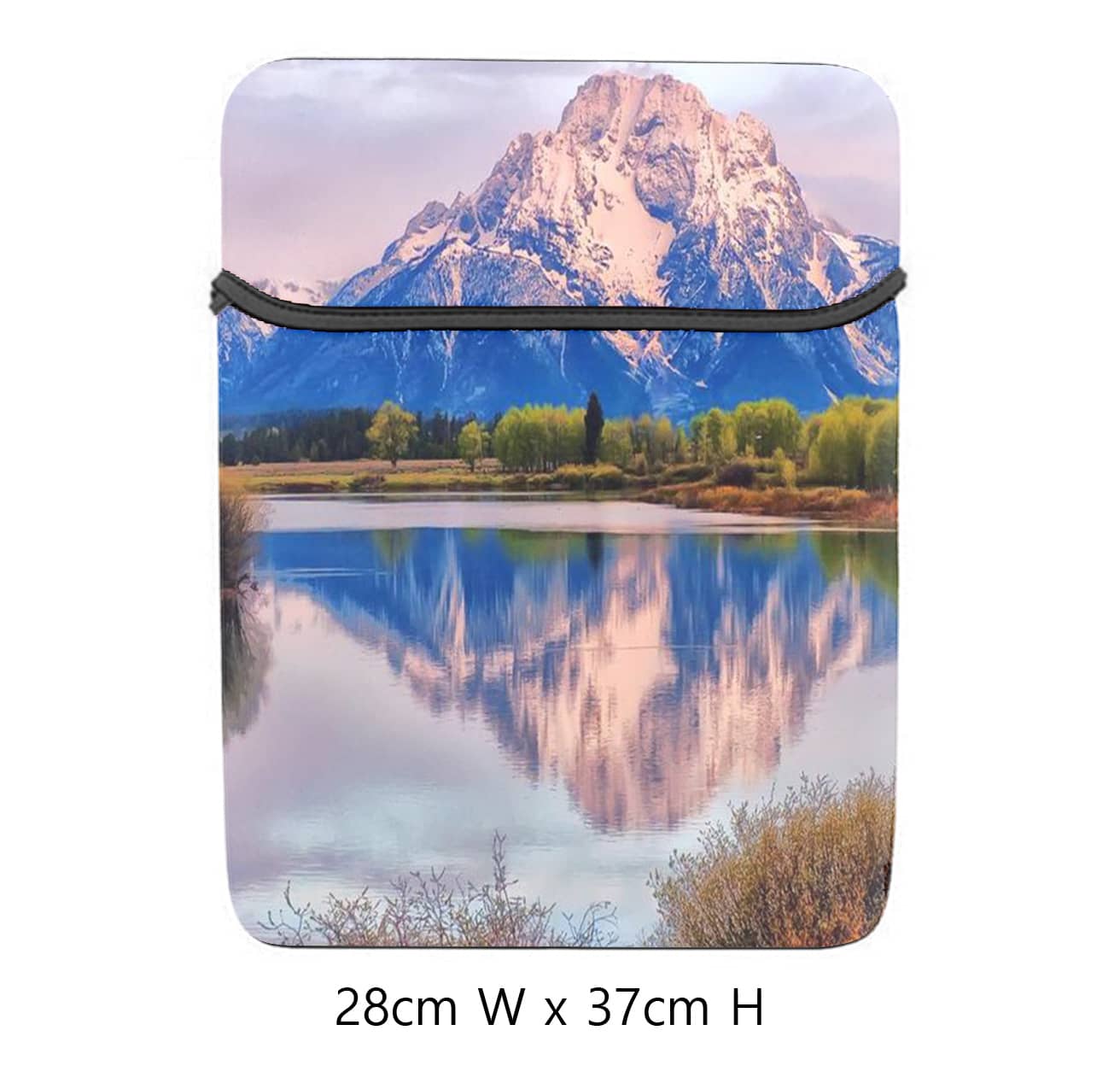 A 15-inch laptop sleeve featuring a scenic mountain and lake design with a black zipper and colourful landscape. Sublimated Neoprene 15" Sleeve - Image 1