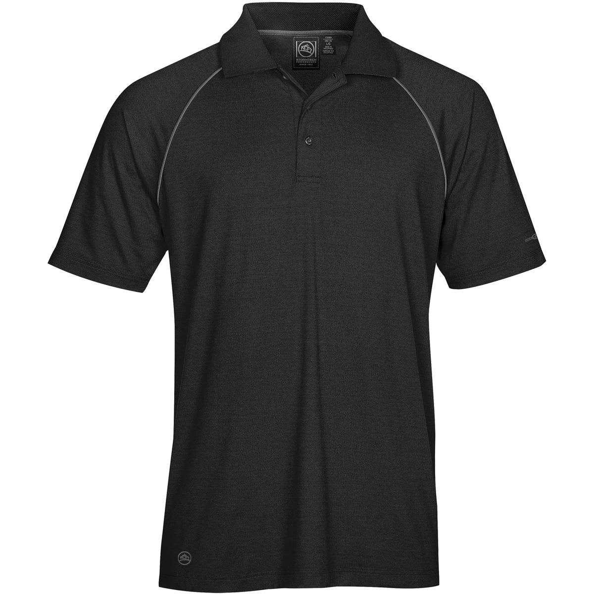 A black men's polo shirt featuring a subtle logo and contrasting trim along the shoulders. Men's Piranha Performance Polo - Image 1