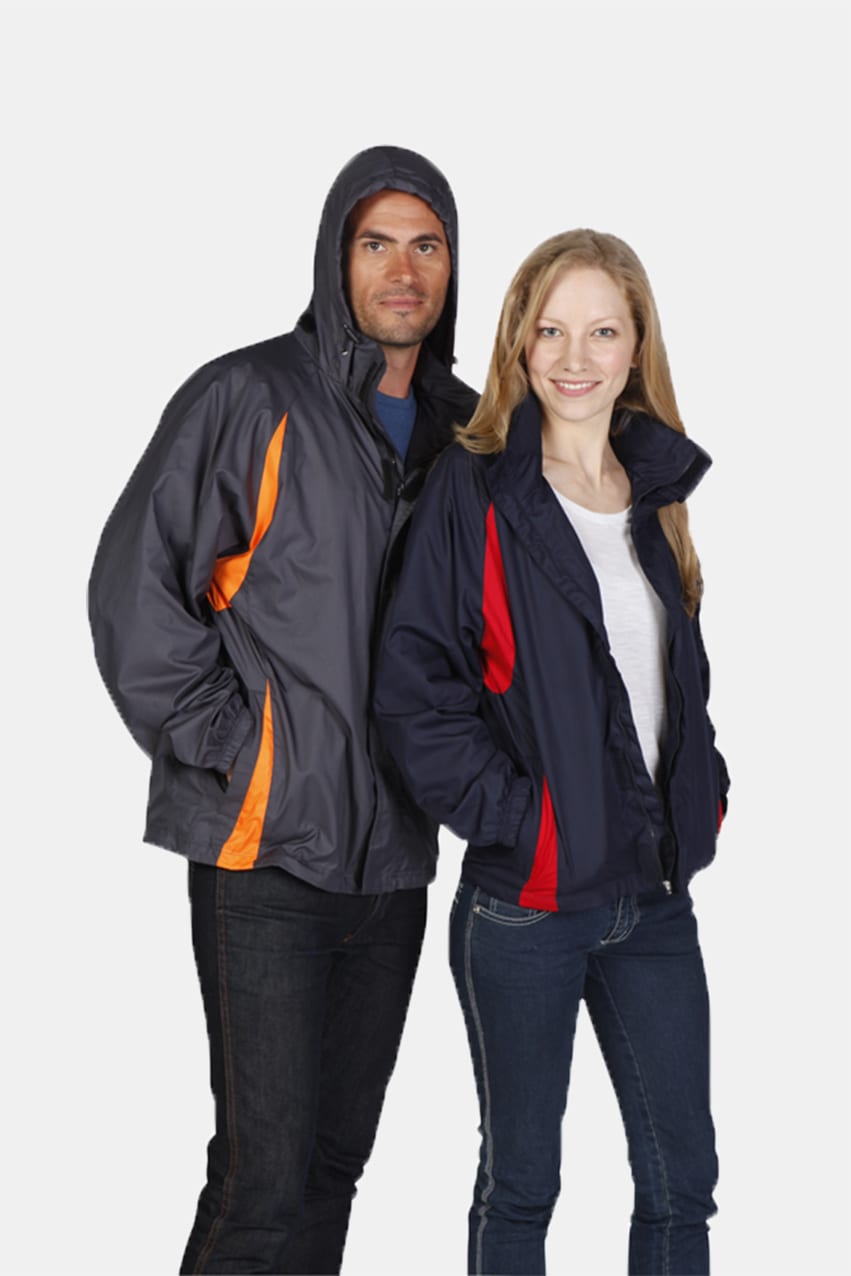 A grey and navy rain jacket featuring orange and red accents, displayed on a male and female model with hoods. Mens Shower Proof Sportech Nylon Jacket - Image 1
