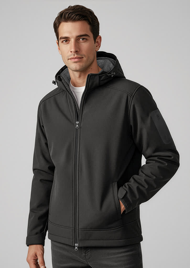 A men's soft shell jacket in black, featuring a hood, zip closure, and pockets, with branding on the sleeve. Mens Summit Jacket - Image 1