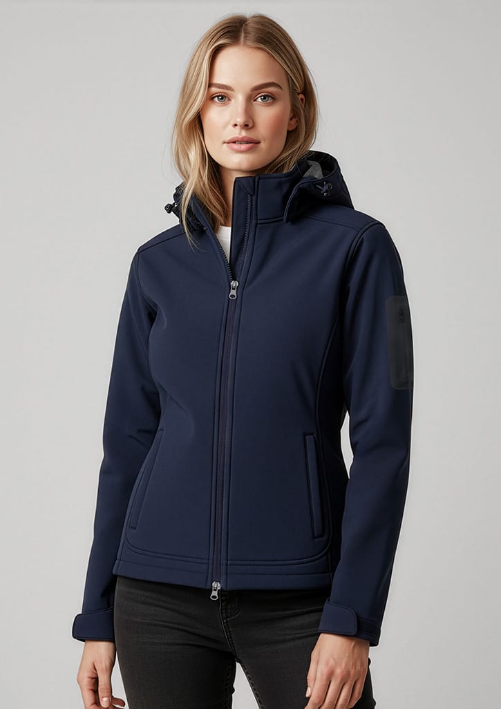 A women's soft shell jacket in navy, featuring a hood and a logo on the sleeve. Womens Summit Jacket - Image 1
