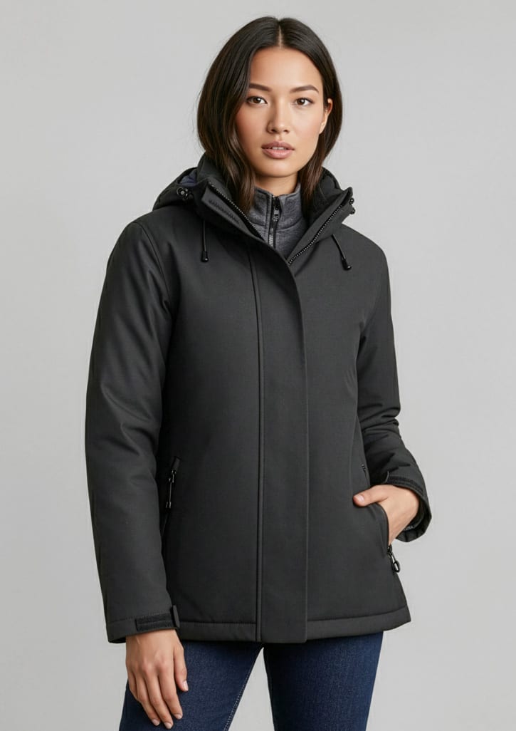 A black women's rain jacket featuring a hood and zippered pockets, designed for protection against wet weather. Womens Eclipse Jacket - Image 1