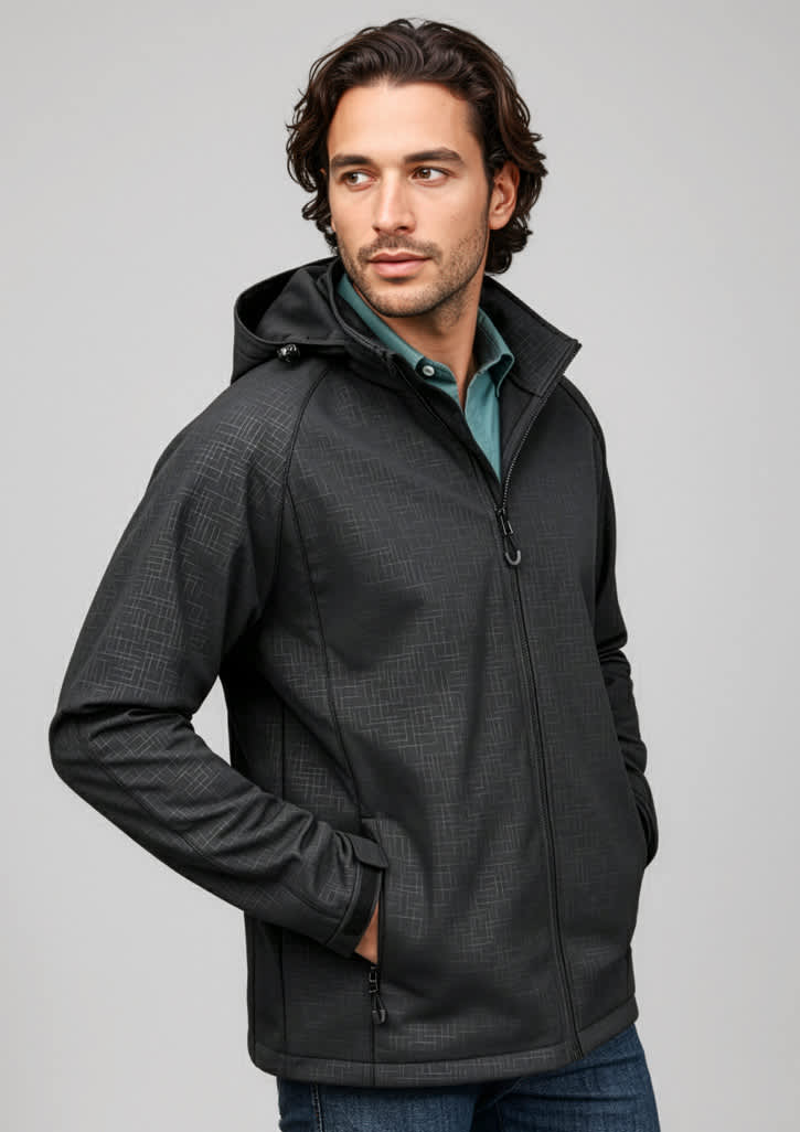 A black soft shell jacket with a hood, featuring a zip front and side pockets, worn by a male model. Mens Geo Jacket - Image 1