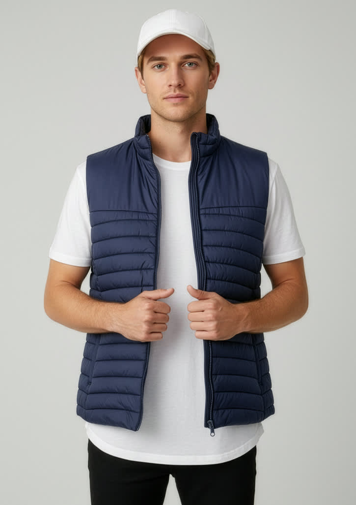 A man is wearing a navy blue vest over a white t-shirt, featuring a logo on the upper left. Mens Expedition Vest - Image 1