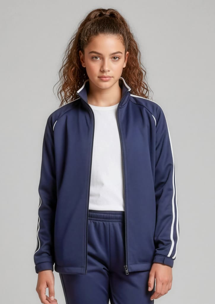 A navy track jacket with white stripes, featuring a zip front and a high collar, worn by a model. Kids Flash Jacket - Image 1