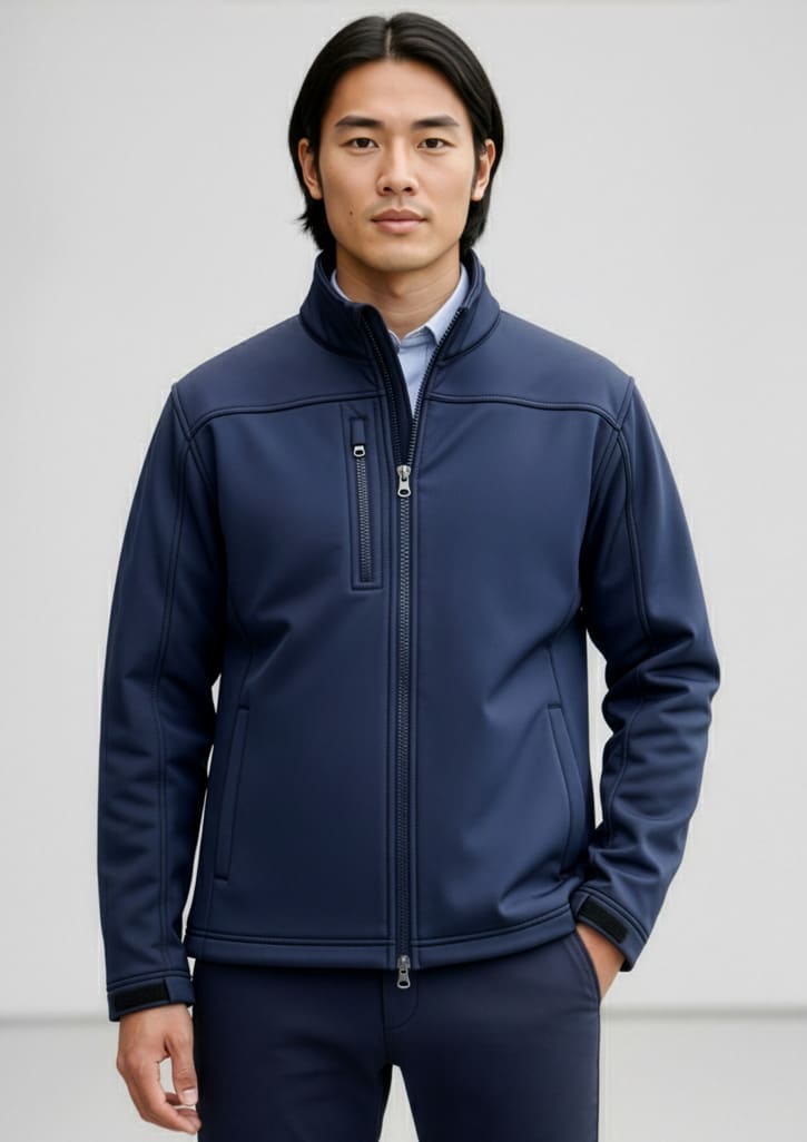 A navy men's softshell jacket with a high collar and zippered pockets, featuring a logo on the chest. Mens Softshell Jacket - Image 1