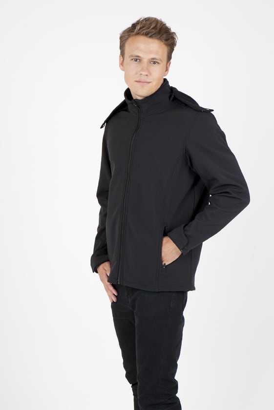 A black men's soft shell hooded jacket from the TEMPEST range, displayed on a model with hands in pockets. Men's Soft Shell HOODED Jacket - TEMPEST Range - Image 1