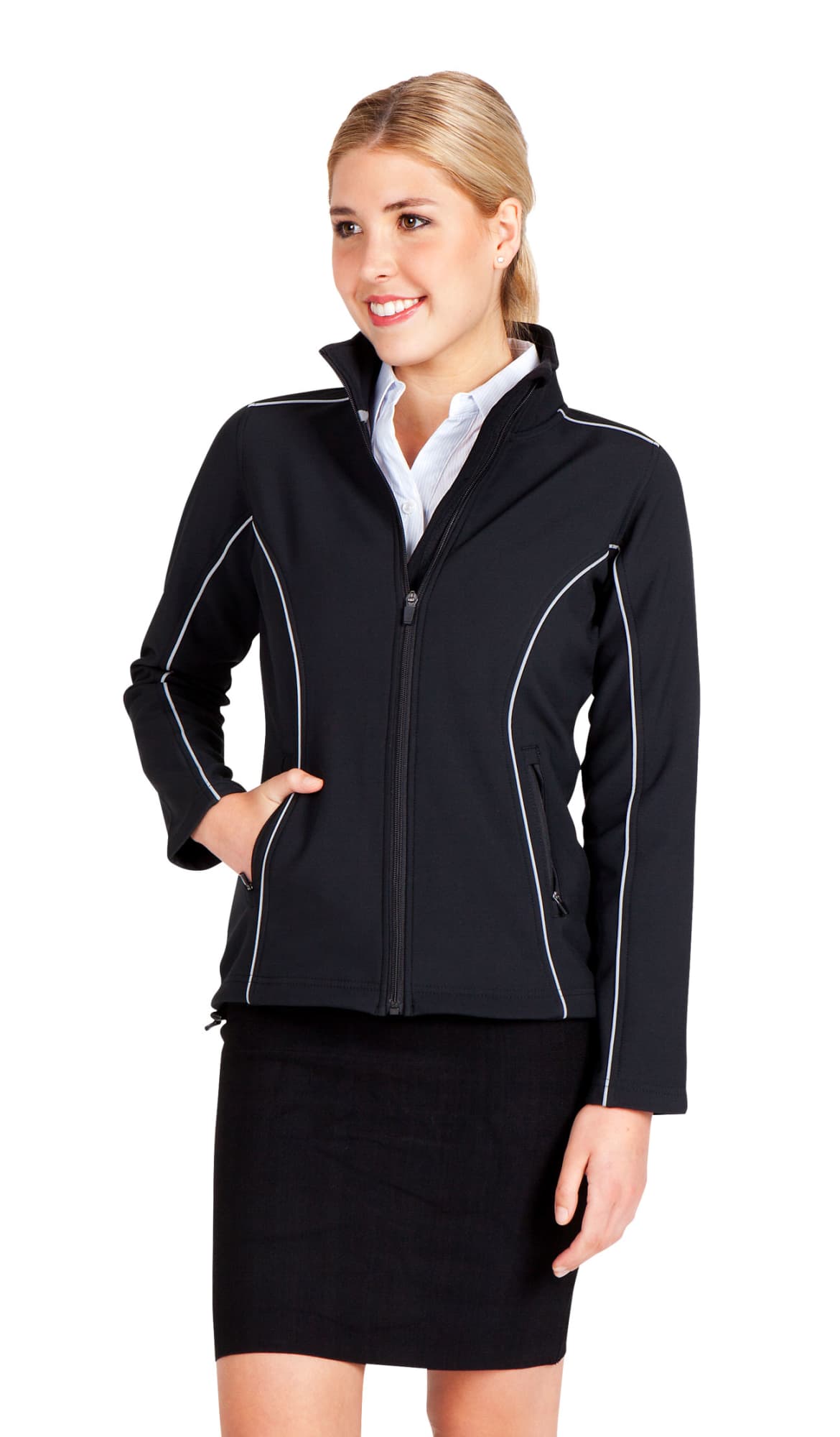 A black women's jacket with white piping, featuring a zip front and side pockets. It has a logo on the left chest. Men's Tempest Plus Jacket - Image 1