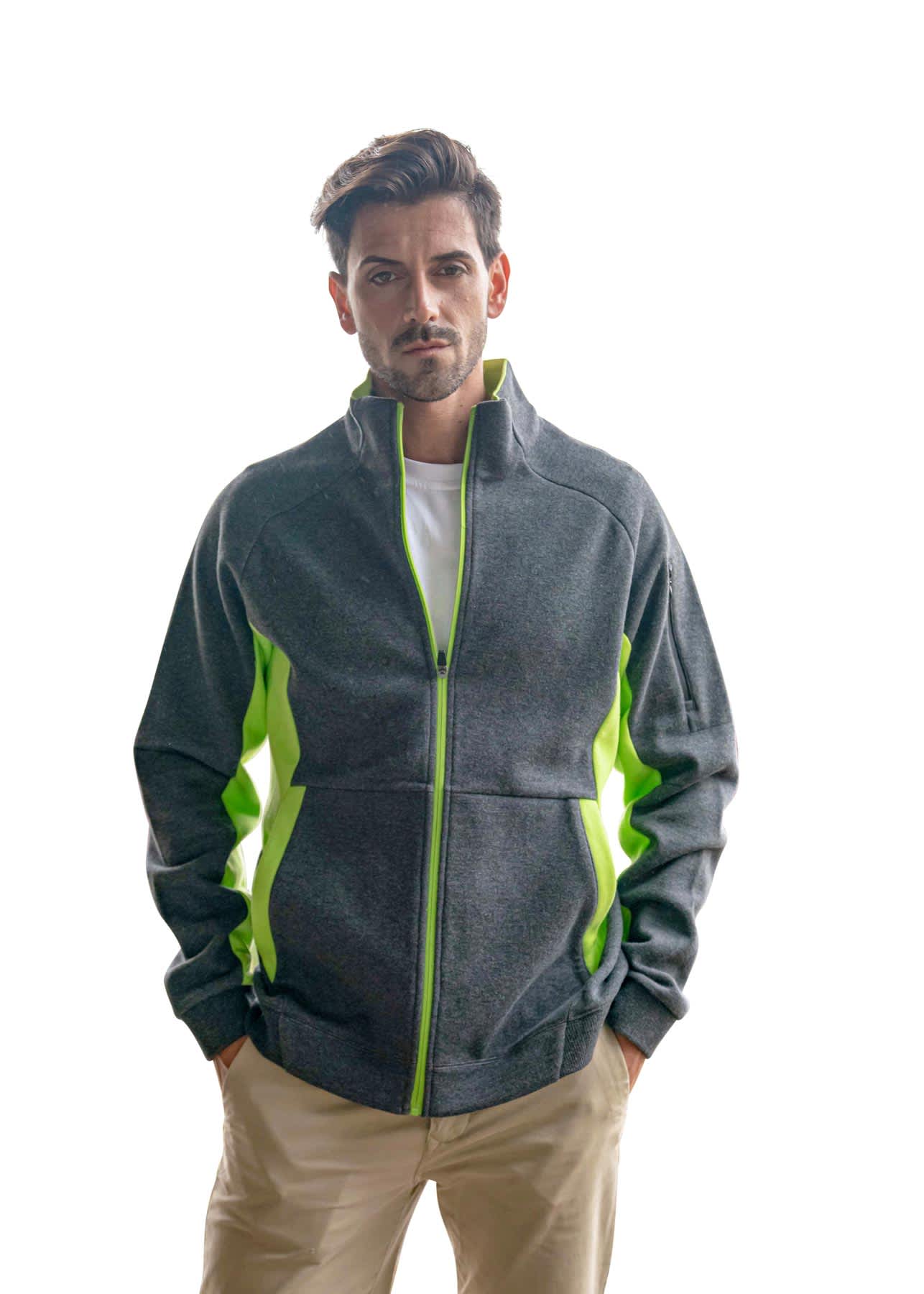 A men's jacket in grey with bright green accents, featuring a high collar and zip front. It has a logo. Mens' Icon Jacket - 420 gsm - Image 1