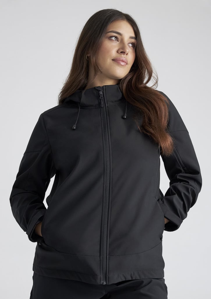A black women's jacket with a hood, featuring a front zip and pockets, has a logo on it. Womens Atlas Jacket - Image 1