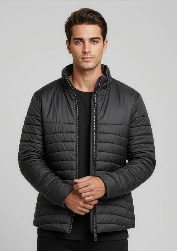 A puffer jacket in black, featuring a zip-up front and a modern, fitted design, with a logo on the chest. Mens Expedition Jacket - Image 1