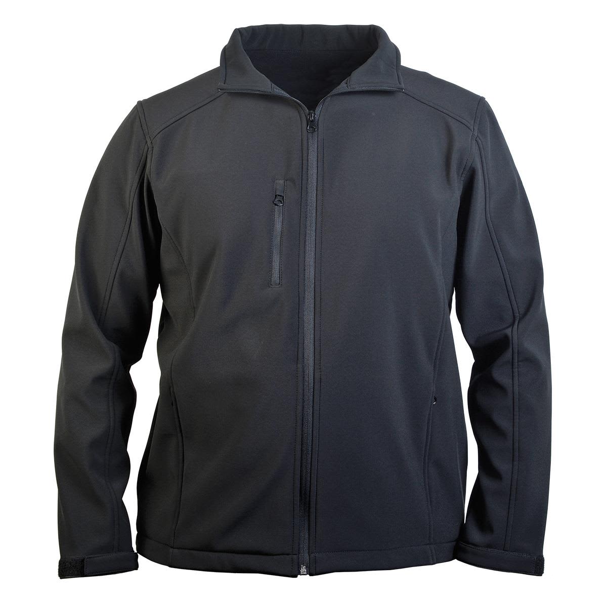 A black softshell jacket featuring a zip closure and zippered chest pocket, with a logo on the chest. The Softshell Men's - Image 1