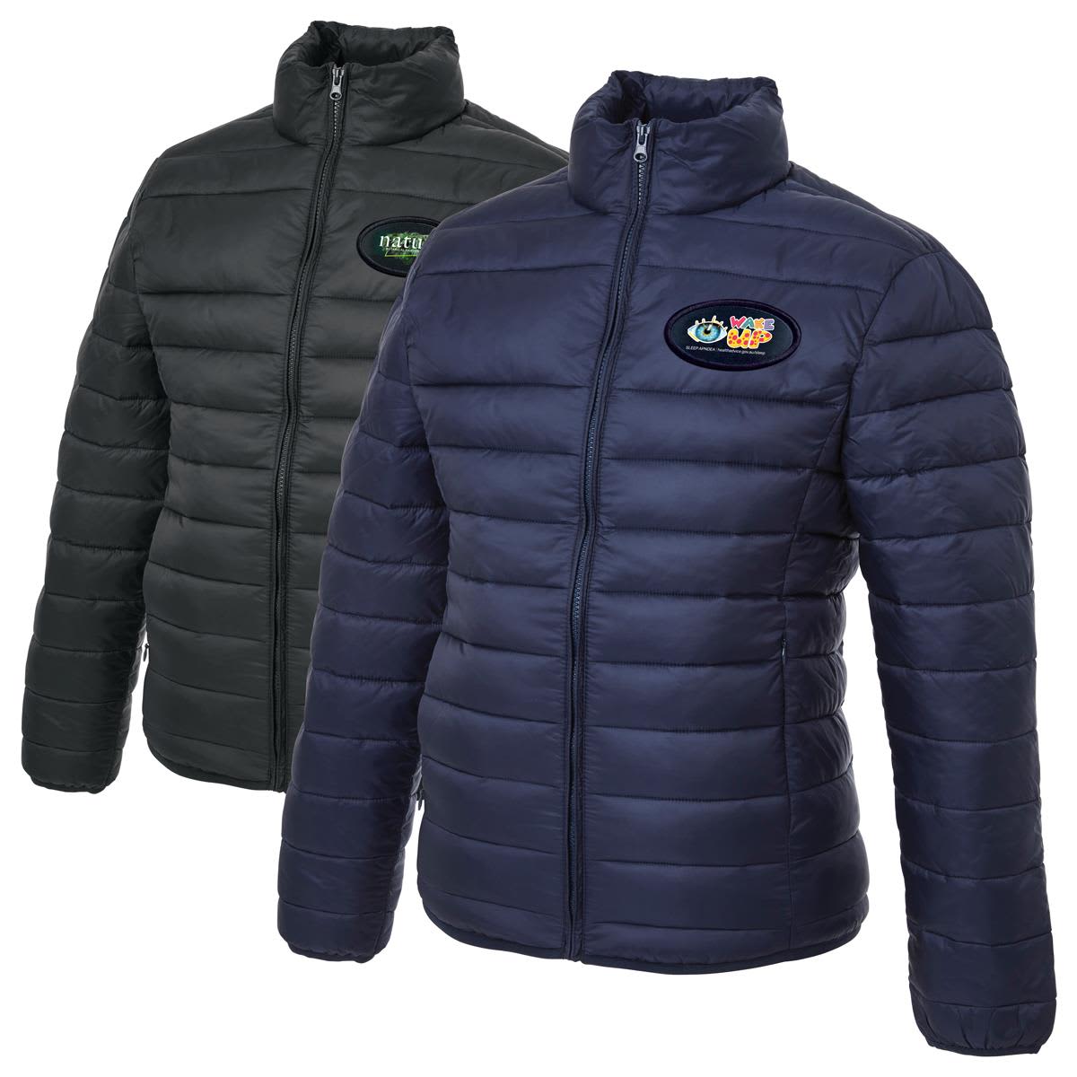 Two puffer jackets displayed, one in dark green and the other in navy blue, both featuring a logo. The Women's Puffer - Image 1