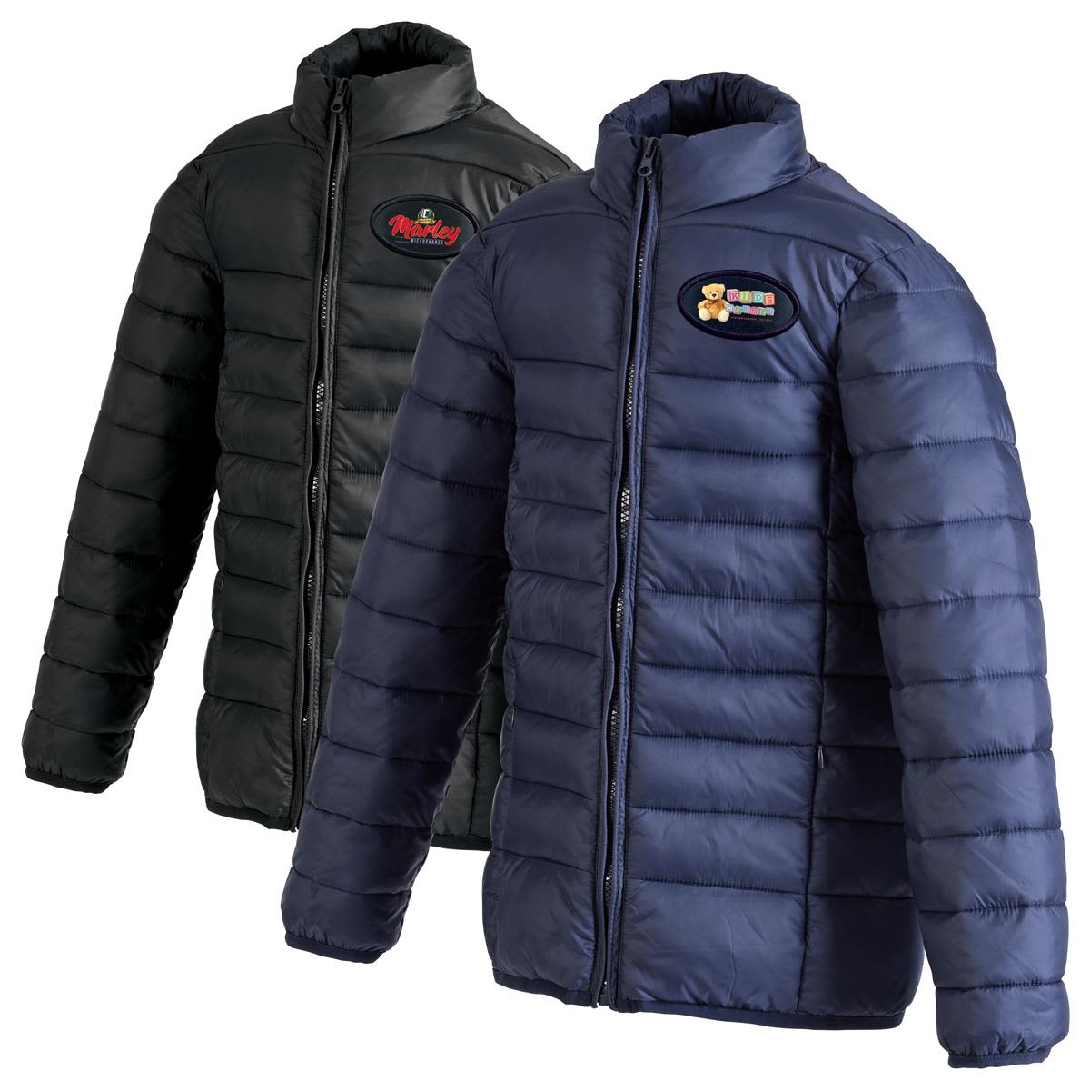 A puffer jacket featuring two colour options: black and navy blue, each with a logo on the chest. The Youth Puffer - Image 1