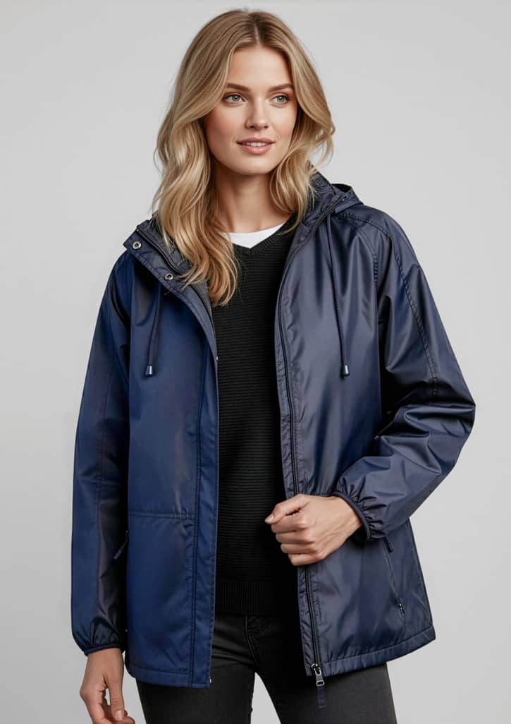 A unisex navy spinnaker jacket with a hood, featuring a front zipper and side pockets, and has a logo. Unisex Spinnaker Jacket - Image 1