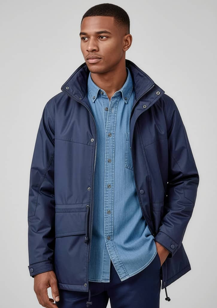A navy unisex puffer jacket with a hood, featuring pockets and a casual fit, worn over a denim shirt. Unisex Trekka Jacket - Image 1