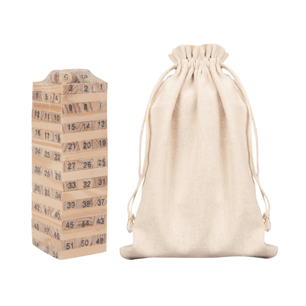 A wooden Genga block set in natural tones, accompanied by a beige drawstring bag. It features a logo. Meerkats Genga set - Image 1