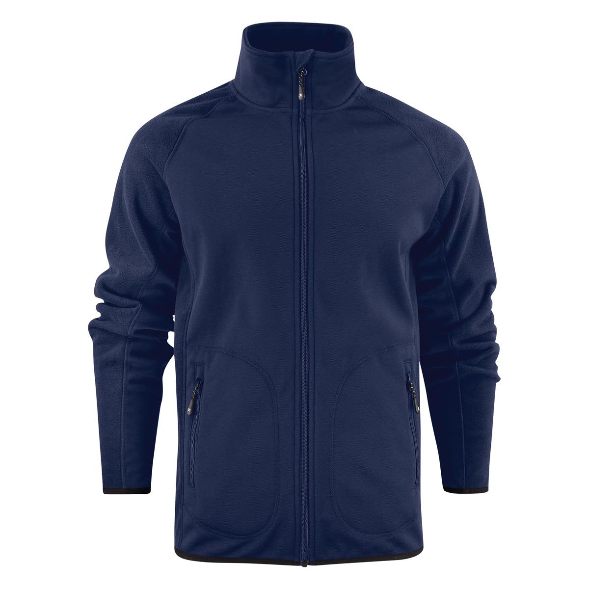 A navy blue men's softshell fleece hybrid jacket with a high collar and zippered front, featuring side pockets and branding. Lockwood Men's Softshell Fleece Hybrid - Image 1