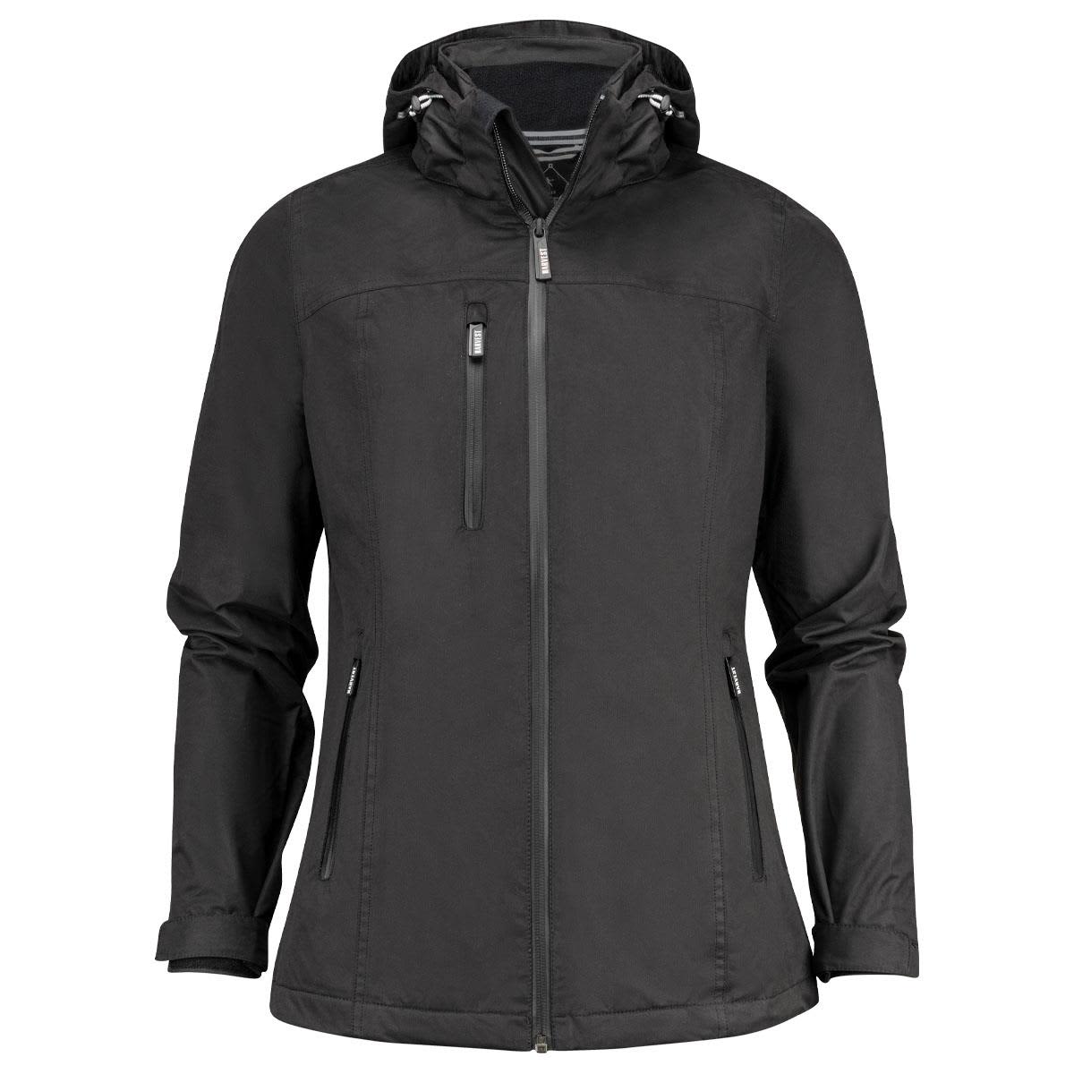 A black women's rain jacket featuring a hood and zippered pockets, with an additional logo on the design. Coventry Women's Jacket - Image 1