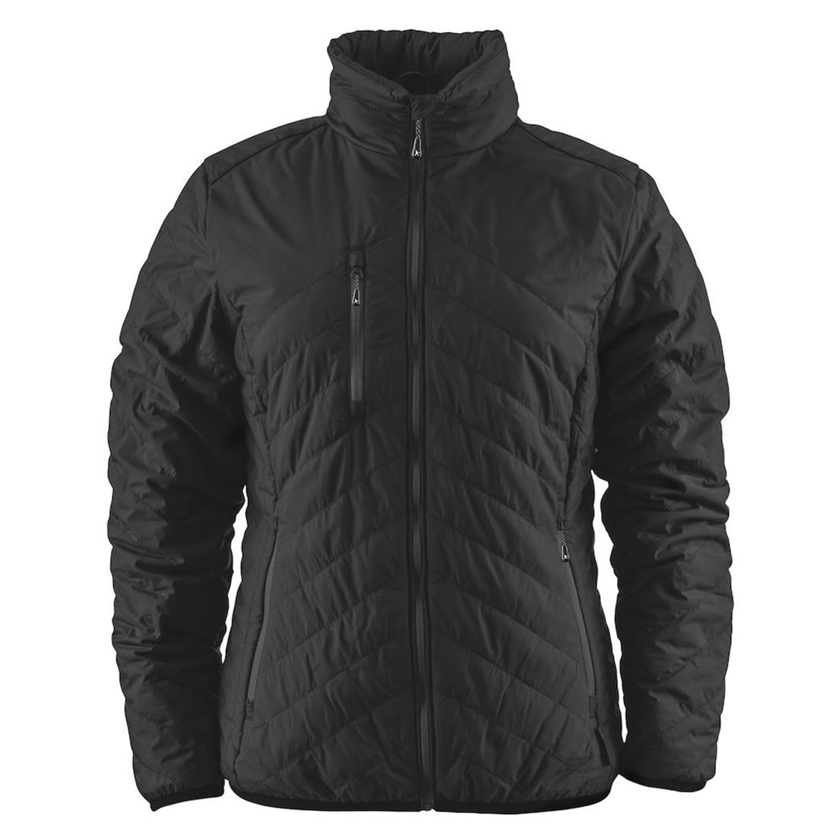 A black quilted women's jacket with a high collar and zippered pockets, featuring a logo. Deer Ridge Women's Quilted Jacket - Image 1