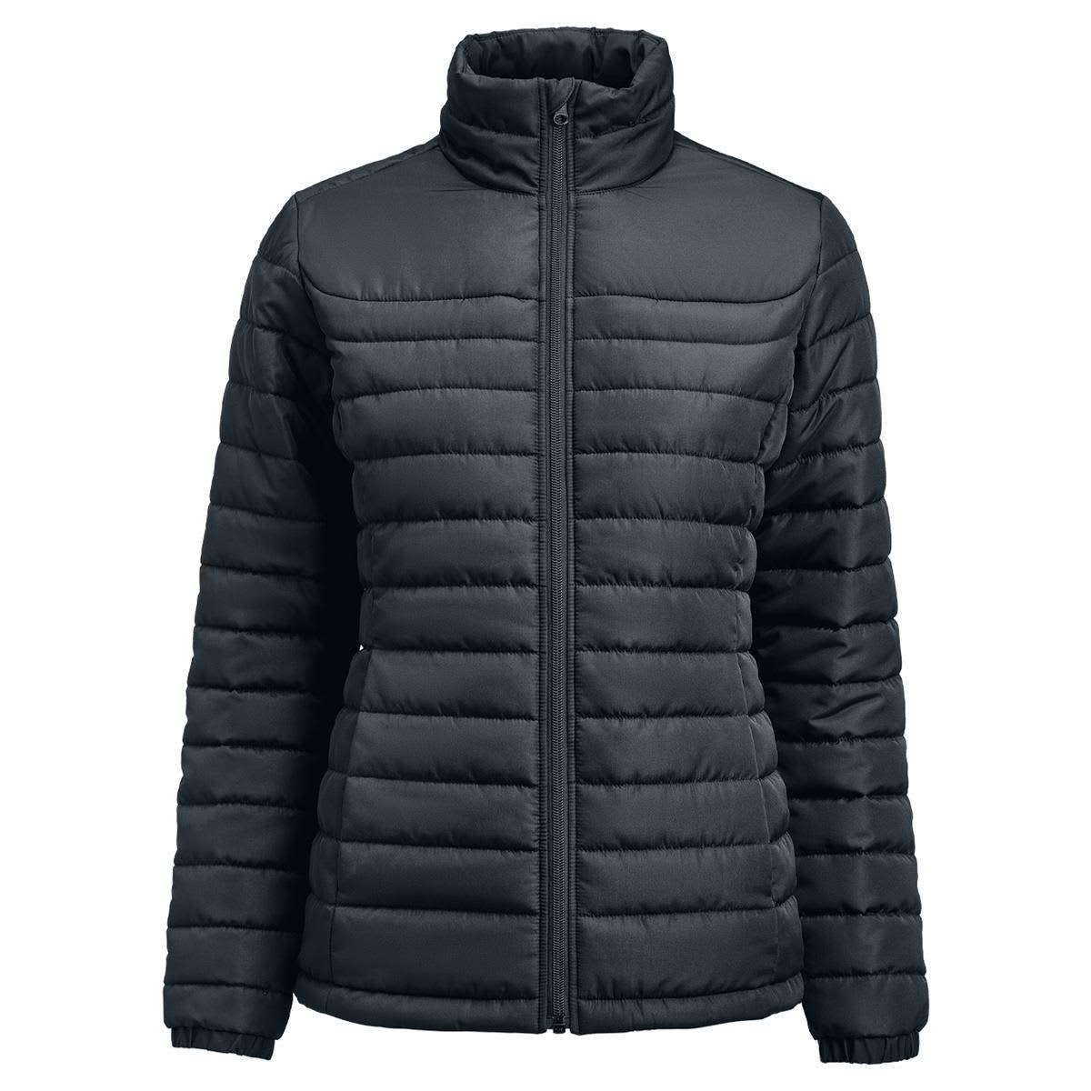 A women's padded puffer jacket in dark grey with a high collar and zipped front. Features vertical quilted sections and branding. Arches Women's Padded Jacket - Image 1